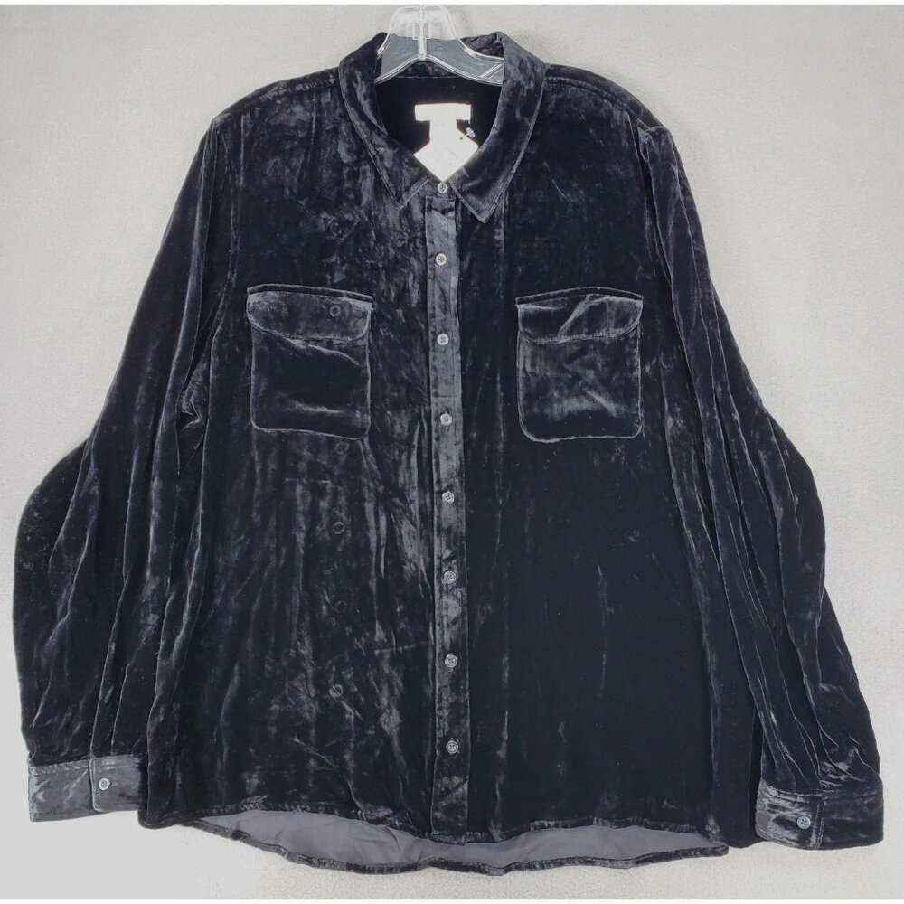 New ORVIS Womens Size XL (18/20)‎ Silk Rayon Black Button-Up Shirt Velvet Velour